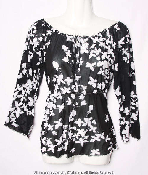 Black with white floral silhouette stretch chiffon wipsy feminine ladies top