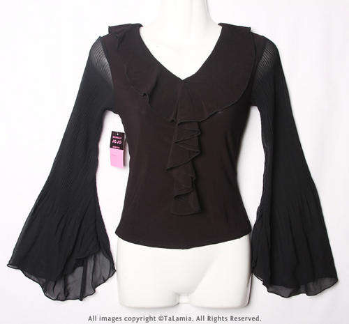 Ladies black stretch top with flaring long chiffon sleeves and front ruffle collar