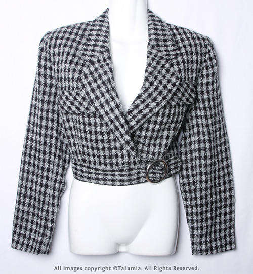 Womens sophisticated black and white quality import short tweed jacket with buckle