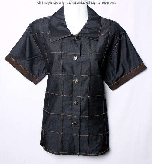 Dark black soft jean like grid stud shirt with sheen