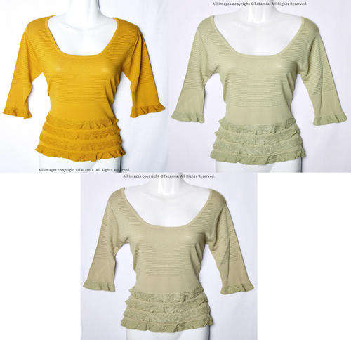 3 PCS Womens lightweight stretch sweater jersey top with ruffles triple-COMBO yellow green and khaki