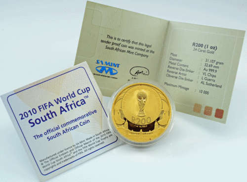 2010 **FIFA WORLD CUP** 1oz 24KT GOLD COIN IN WOODEN BALL WITH SA MINT BOX**CERTIFICATE no376**