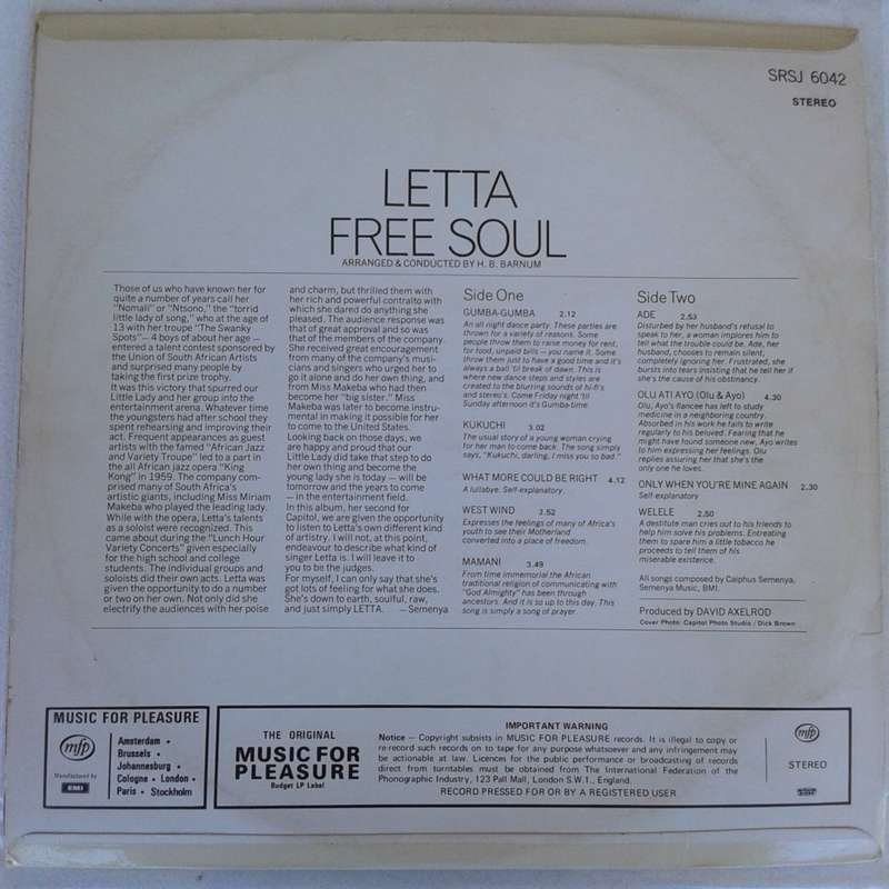 VINYL - Letta Mbulu - Free Soul (SA press VG+/VG+) [MFP red label]