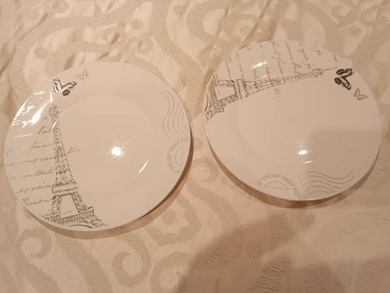 PARIS THEME DINNER SET (WAS 16 PIECE BUT NOW 14 PIECE BECAUSE TWO DINNER PLATES BROKE)