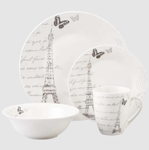 PARIS THEME DINNER SET (WAS 16 PIECE BUT NOW 14 PIECE BECAUSE TWO DINNER PLATES BROKE)