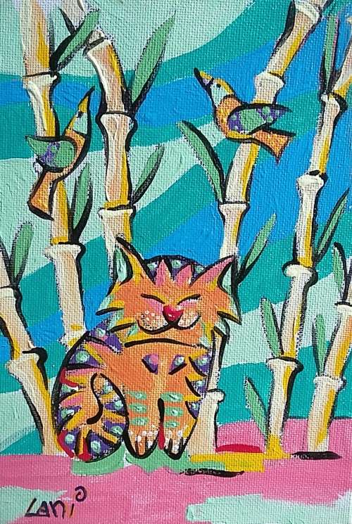 Acrylic on Canvas Board, 210mm x 150mm, Cat in the Reeds