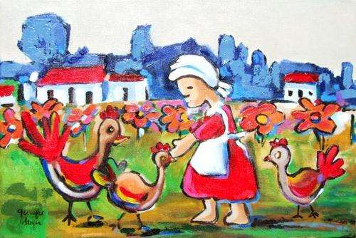 ***Original Lani - Acrylic on Canvas - 40cm x 60cm - "Feeding Chickens"***