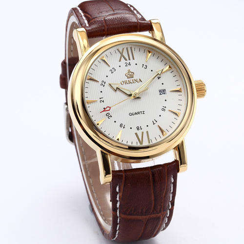 ORKINA White Dial Brown Leather Date Analog Men Sport Quartz Watch