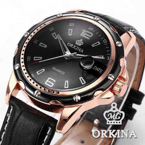 Orkina Mens Black Dial Leather Date Sport Quartz Wrist Watch