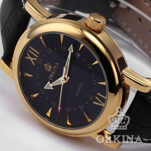 ORKINA Black Leather Gold Case Men Sport Quartz Date Watch