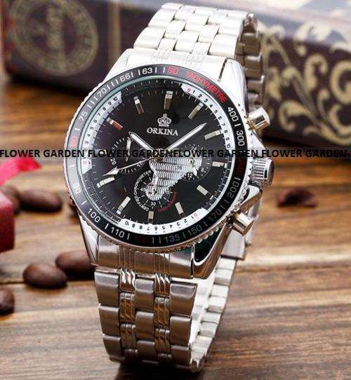 ORKINA Black 24 Hours Stainless Steel Men Quartz Watch STOPWATCH AND 24 HOUR HAND