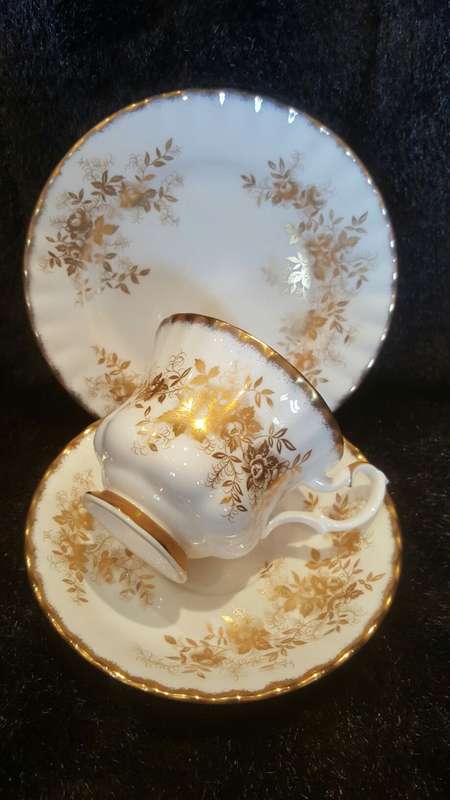 Breathtaking ! Royal Albert Antoinette -  Tea Trio's Stunning Gold & White Un-used! 4 Available