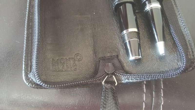 Mont Blanc Boheme Bleu Fountain Pen with 14ct White Gold Nib and Roller Ball Pen in Leather Sleeve