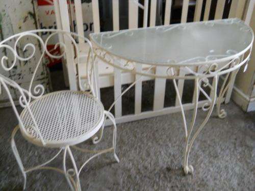 LOVELY WROUGHT IRON HALF MOON TABLE WITH CHAIR