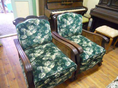 PAIR OF VERY COMFORTABLE IMBUIA + RATTEN LOUNGE CHAIRS