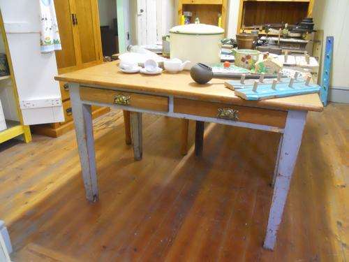 Unusual cute oak desk with old grey paint on legs.