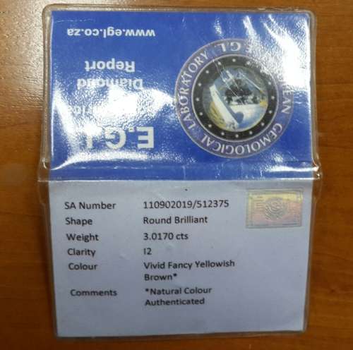 EGLCertified 3.01Ct Brilliant Cut Diamond - Colour Fancy Vivid Yellowish Brown - LARGE!!!