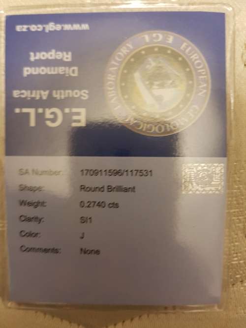 EGL Certified- 0.274ct  - Round Brilliant   , colour J, clarity  SI1