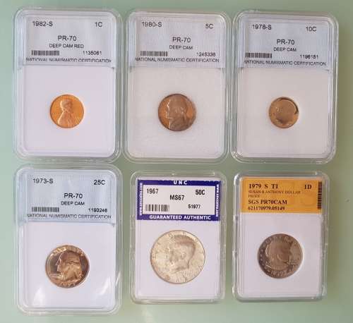Collection of graded USA  Proof coins - 1c , 5c , 10c , 25c , 56c & $1