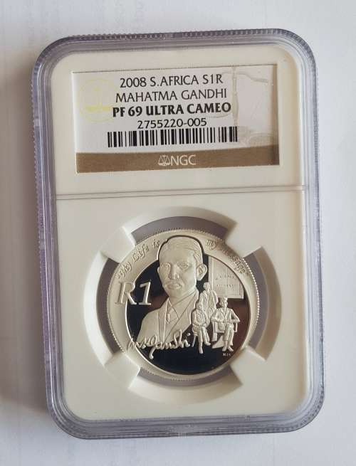 Protea Series - 2008 Silver R1 PROOF - Ghandi . NGC graded Pf 69