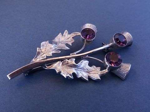 Scottish sterling silver and purple amethyst thistle brooch