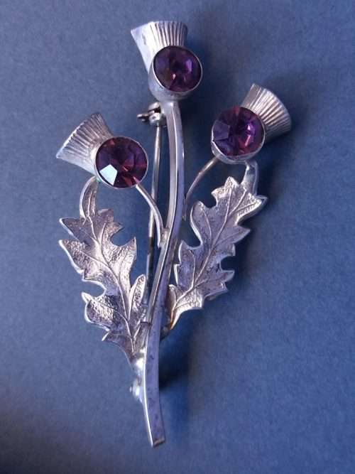 Scottish sterling silver and purple amethyst thistle brooch