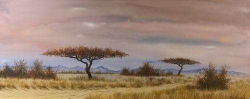 Large landscape painting Rhodesian artist Ron Waldeck