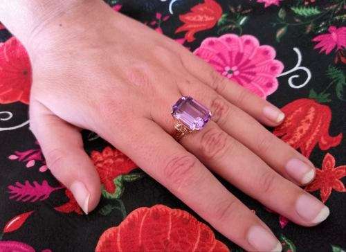 Purple amethyst and rose gold dress ring
