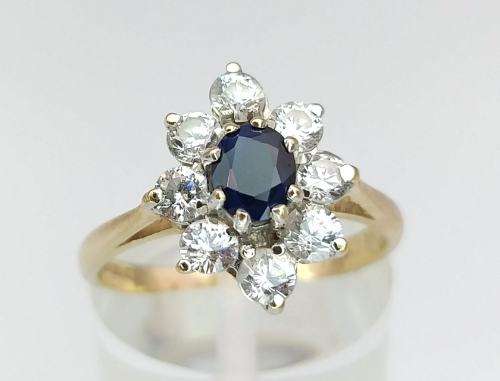 Princess Diana style blue and white CZ ring (9ct gold)