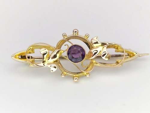 Art Nouveau 9ct gold and amethyst brooch