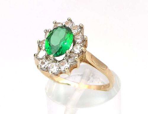 Synthetic emerald and CZ ring (9ct gold)