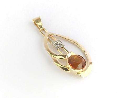Modernist 14ct gold honey topaz & diamond pendant