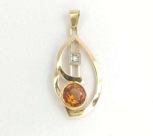Modernist 14ct gold honey topaz & diamond pendant
