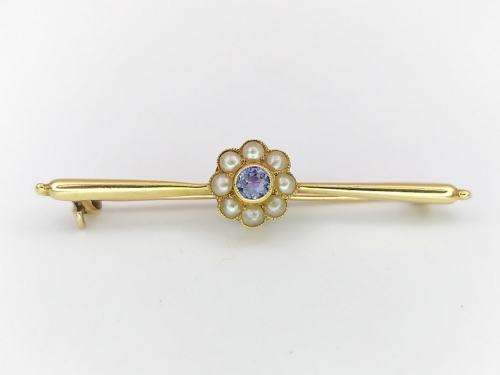Edwardian 15ct gold sapphire & seed pearl brooch