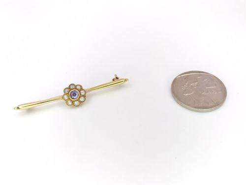 Edwardian 15ct gold sapphire & seed pearl brooch