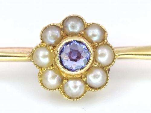 Edwardian 15ct gold sapphire & seed pearl brooch