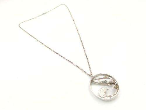 Vintage leaping fish and wave pendant + chain (sterling silver)