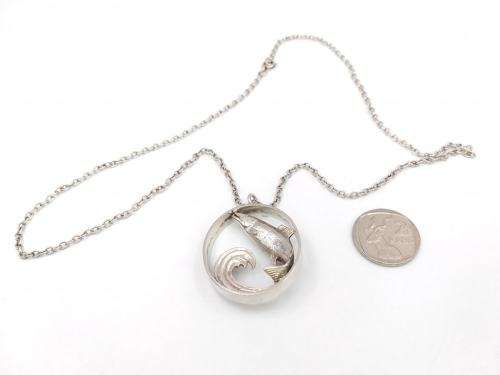 Vintage leaping fish and wave pendant + chain (sterling silver)