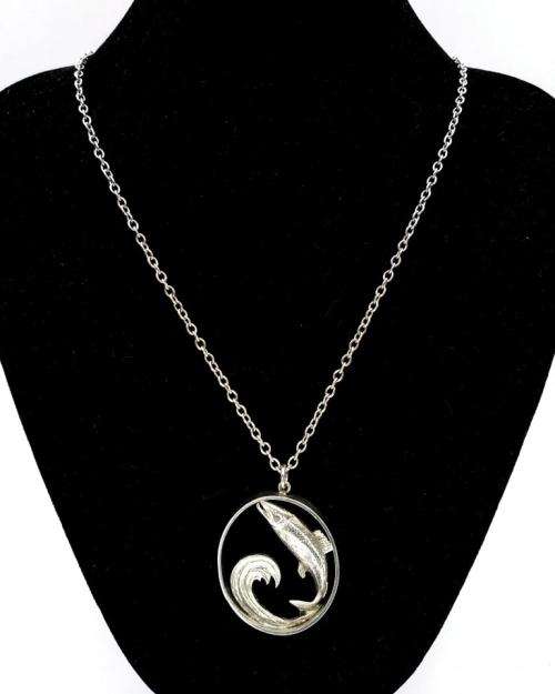 Vintage leaping fish and wave pendant + chain (sterling silver)