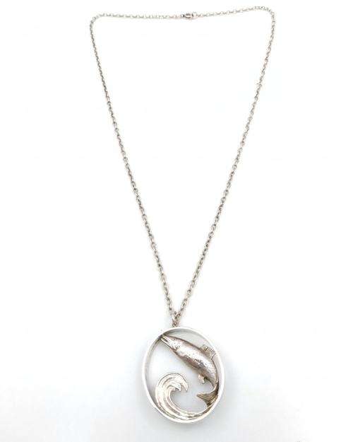 Vintage leaping fish and wave pendant + chain (sterling silver)