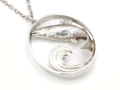 Vintage leaping fish and wave pendant + chain (sterling silver)
