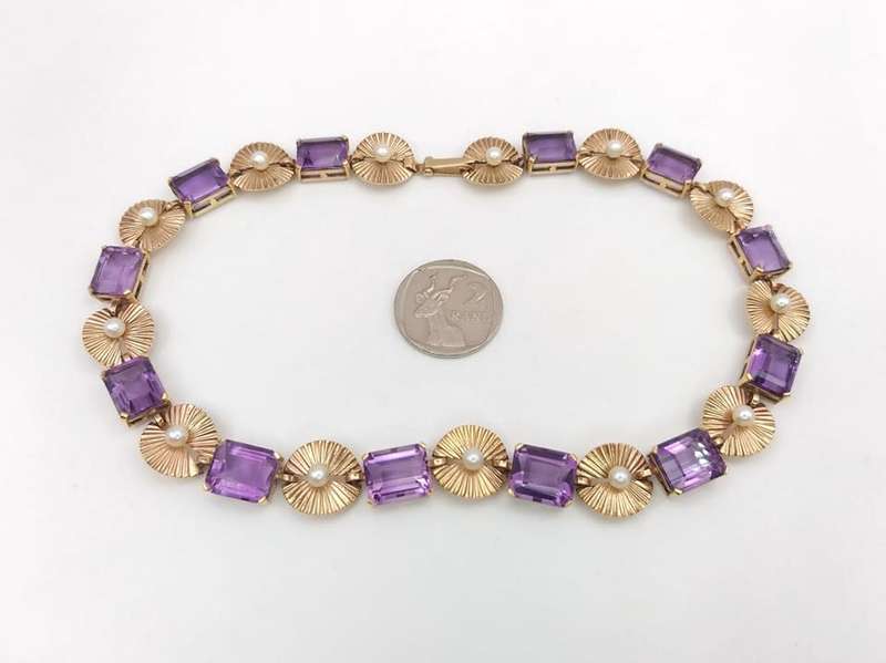 Exquisite antique 9ct gold amethyst and pearl bracelet