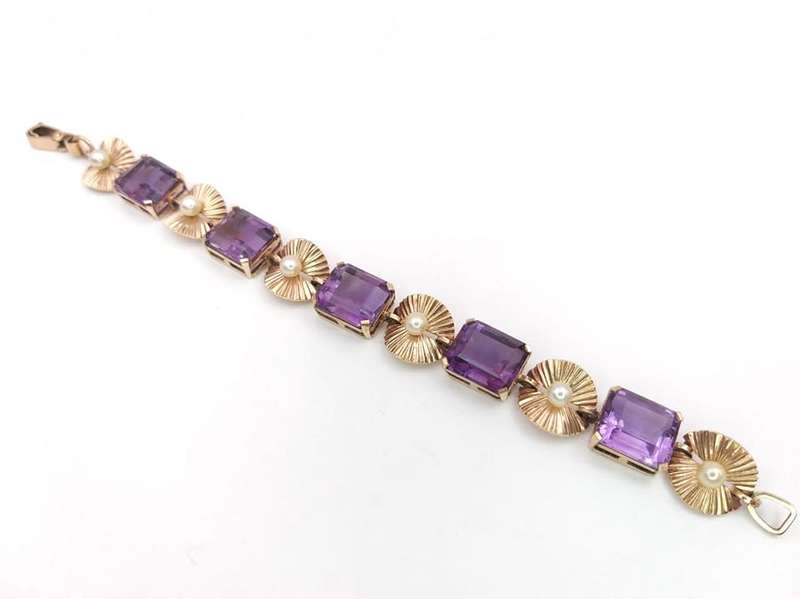 Exquisite antique 9ct gold amethyst and pearl bracelet