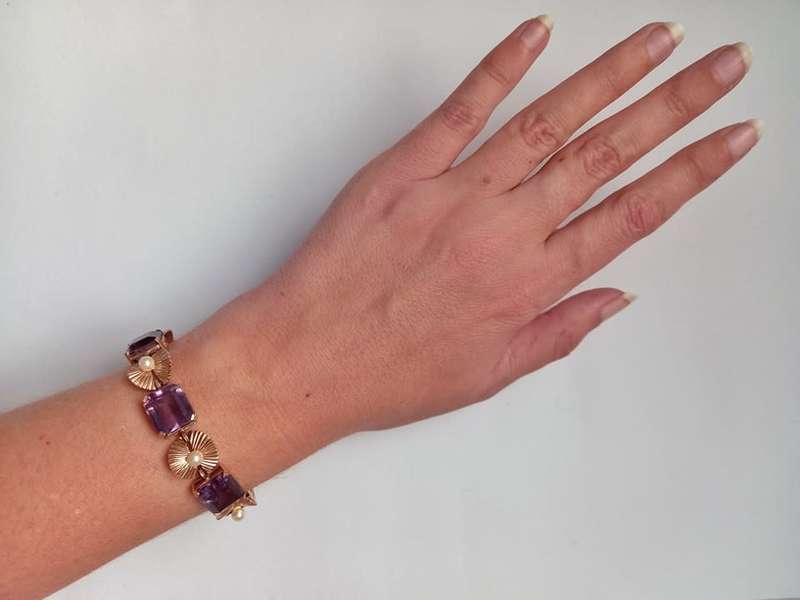 Exquisite antique 9ct gold amethyst and pearl bracelet