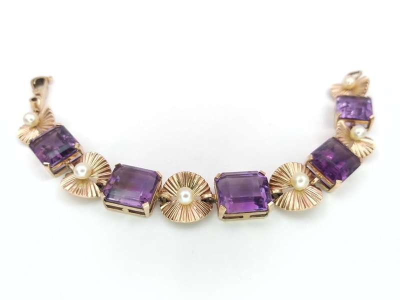 Exquisite antique 9ct gold amethyst and pearl bracelet