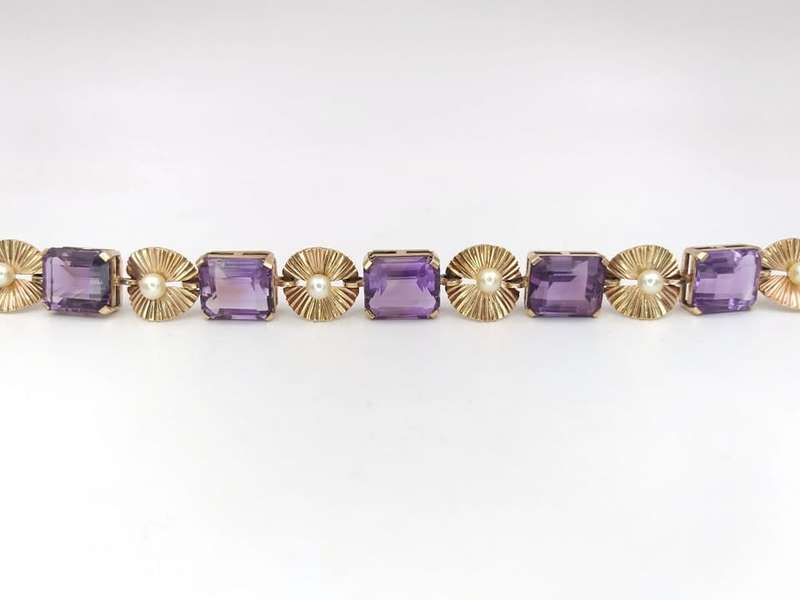 Exquisite antique 9ct gold amethyst and pearl bracelet