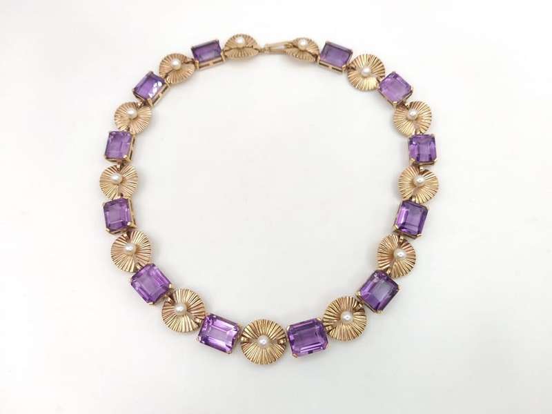 Unbelievable 9ct gold amethyst & pearl necklace (1950s)