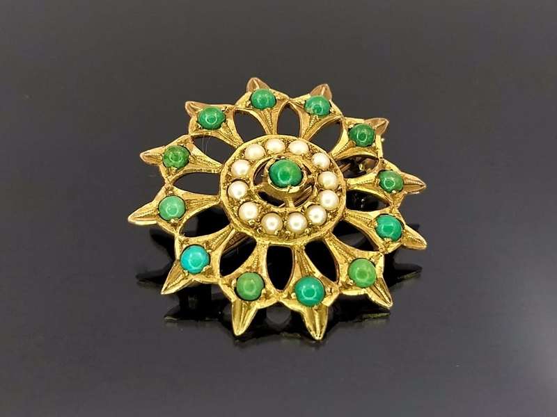 Antique 9ct gold starburst brooch set with turquoise and pearls