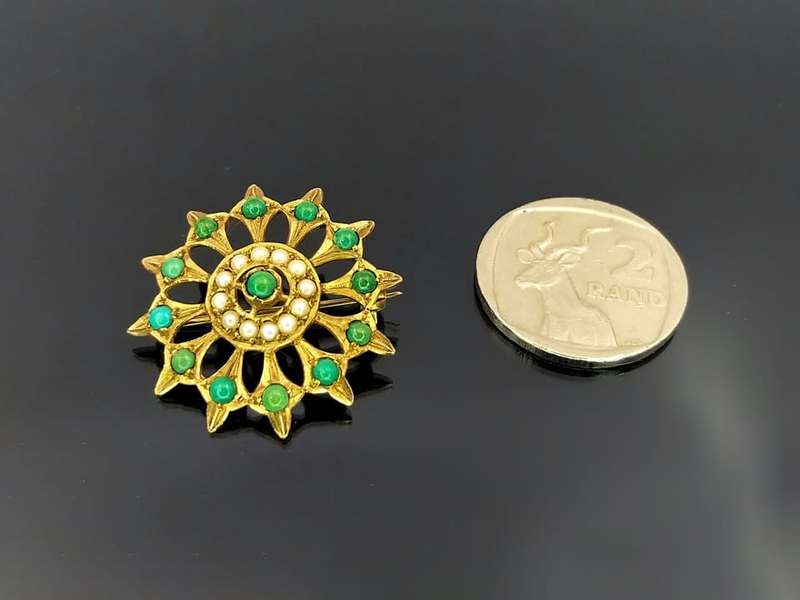 Antique 9ct gold starburst brooch set with turquoise and pearls