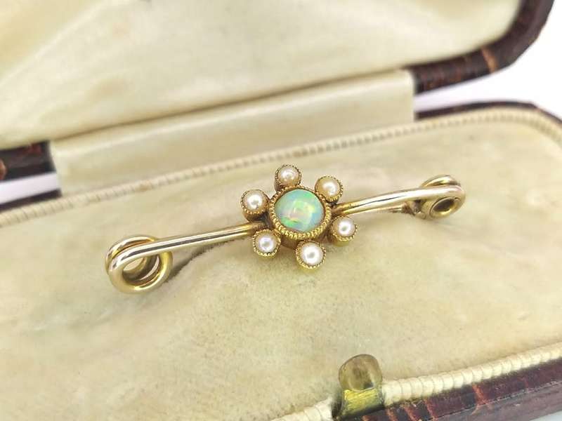 Antique opal and seed pearl flower brooch (set in 9ct gold)